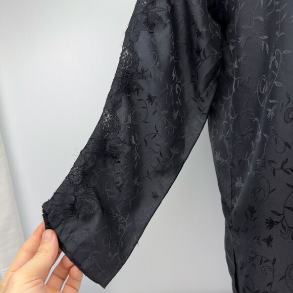 VOGUE Dessous VTG Jacquard Satin Button Front Long Sleeve Black Pajama Set Sz M - Picture 9 of 16